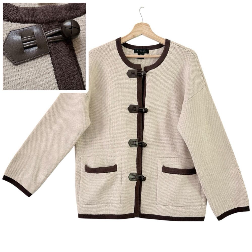 Tahari Thick Knit Toggle Cardigan Neutral Beige Brown Size M Old Money Academia‎